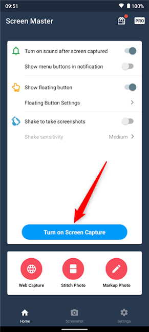 Turn on Screen Capture to have the app take screenshots
