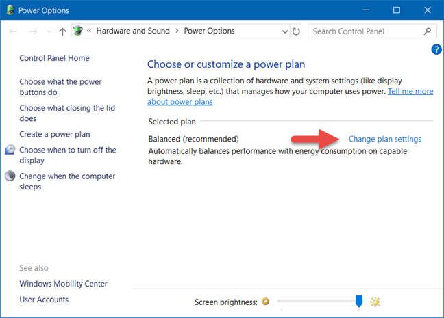 Windows, Power plan, settings