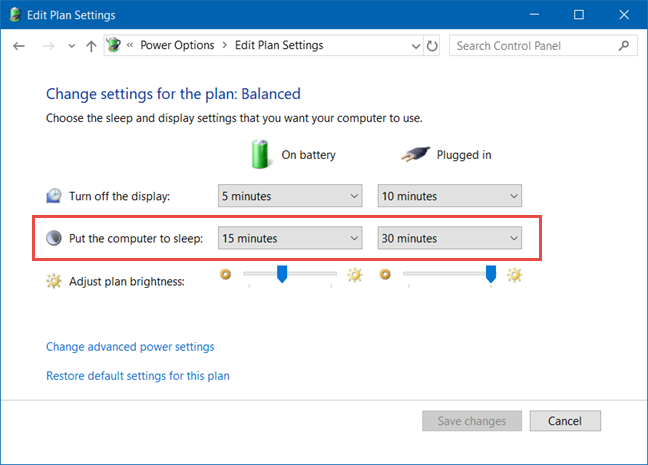 Windows, Power plan, settings