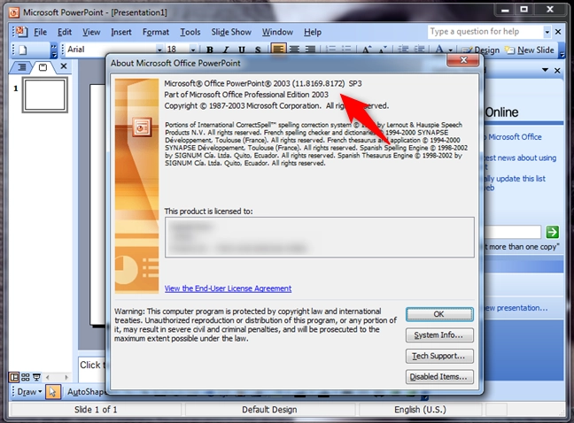 Version information for PowerPoint 2003