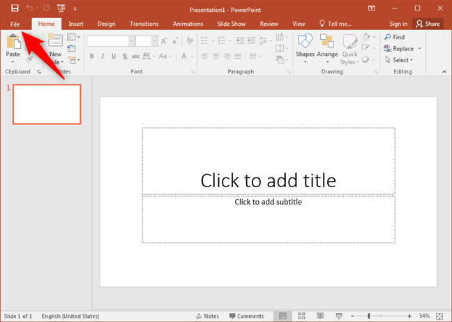 The File button from PowerPoint 2016