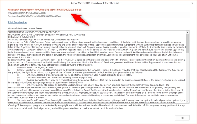 The version number of PowerPoint in Microsoft Office 365