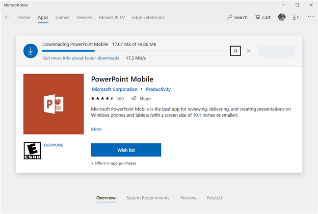 Waiting for Microsoft Store to download and install PowerPoint Mobile