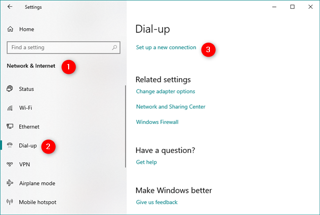 Set up a new connection in the Dial-up settings section