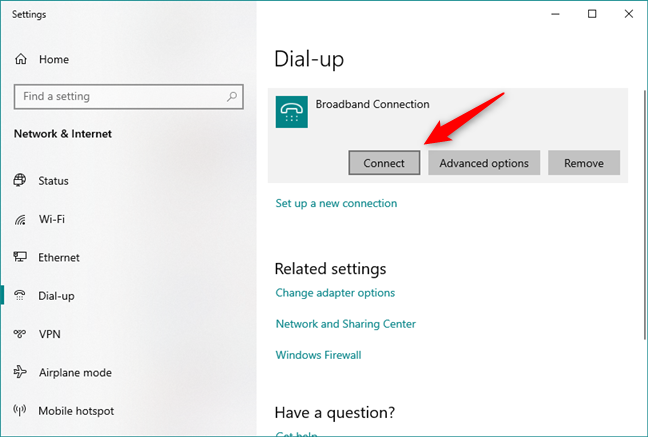 Start the PPPoE connection in Windows 10