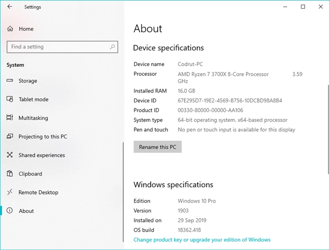 Windows 10 Pro, version 1903, build 18362.418