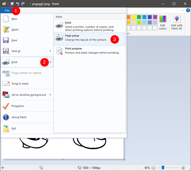 Opening the Page setup options from Paint