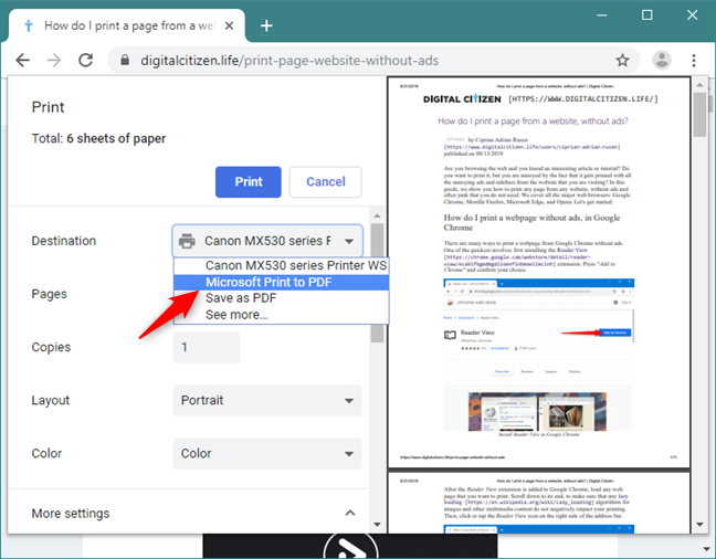 Select the Microsoft Print To PDF printer in Google Chrome