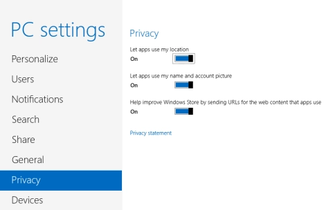 Windows 8, privacy, settings, location