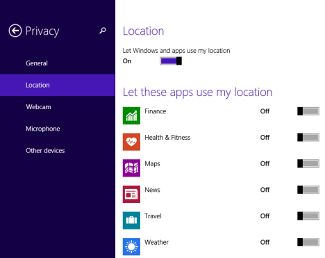 Windows 8.1, privacy, settings, location