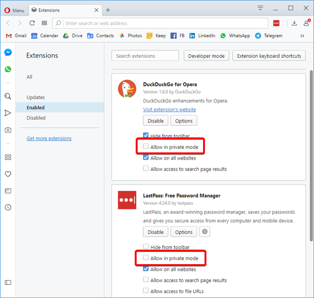 Private mode disables extensions in Opera