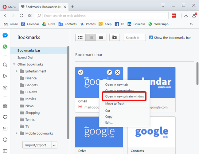 Open bookmarks in a private window