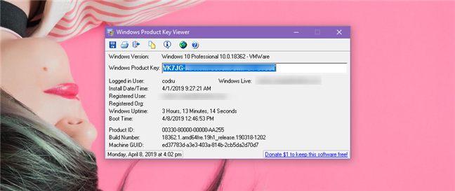 Windows Product Key Finder showing the Windows product key