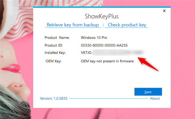 ShowKeyPlus identifying and displaying the product key of Windows 10