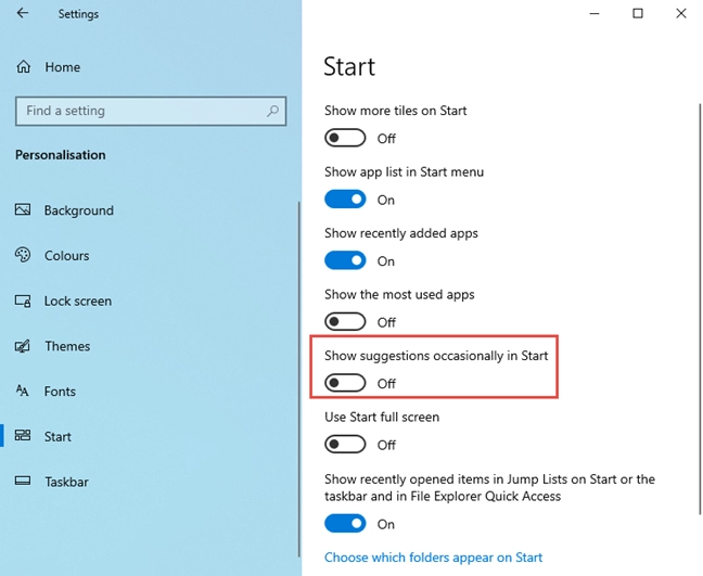 Turn off the switch to disable app suggestions