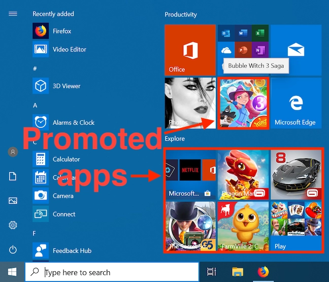 The promoted apps in the Windows 10 Start menu