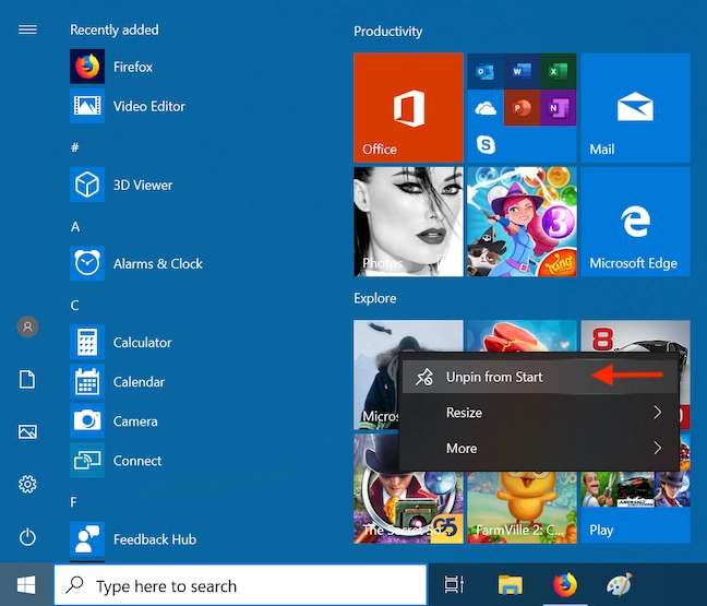 Unpin unwanted apps from your Start menu