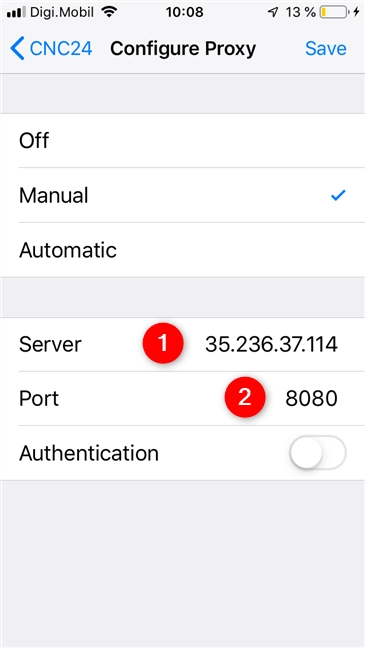 The proxy Server and Port settings in iOS