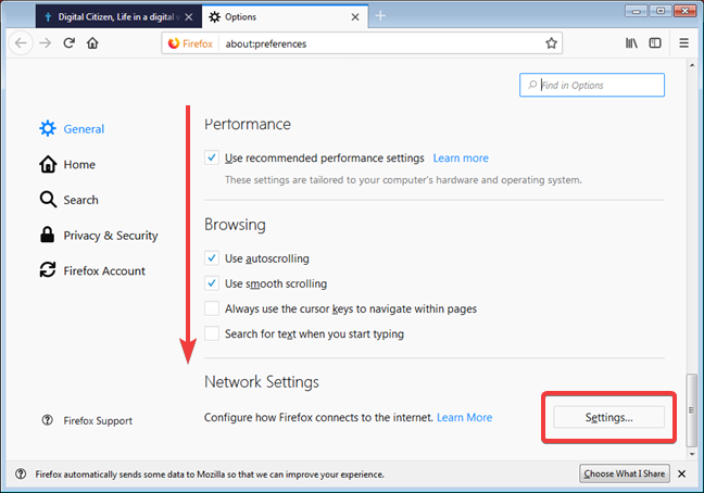Откройте настройки сети в Mozilla Firefox