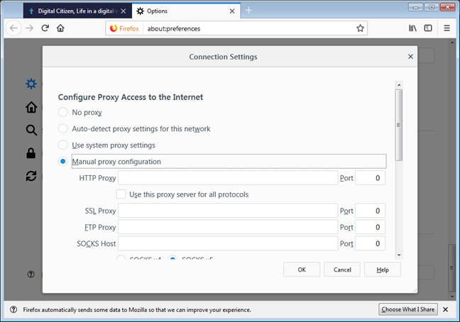 Использовать ручной прокси в настройках подключения в Mozilla Firefox