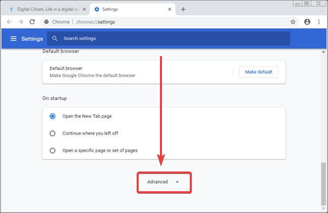 Откройте расширенные настройки в Google Chrome