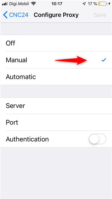 The switch for the Manual proxy server settings in iOS