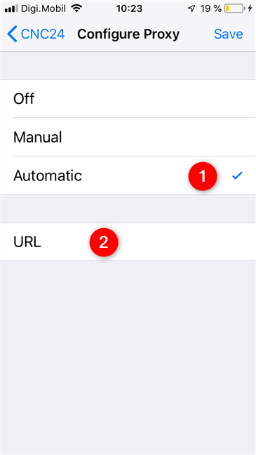 The Automatic setting for the use of a proxy server in iOS