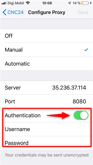 The Authentication settings for the proxy server in iOS