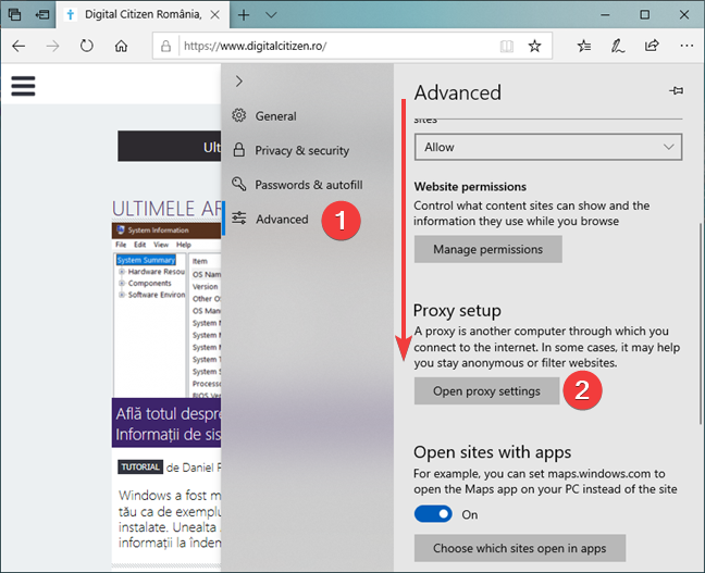 Откройте дополнительные настройки и выберите Открыть настройки прокси в Microsoft Edge.