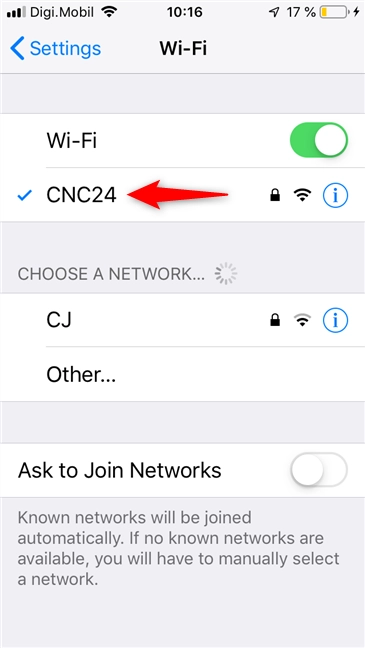 The wireless network to which an iPhone is connected