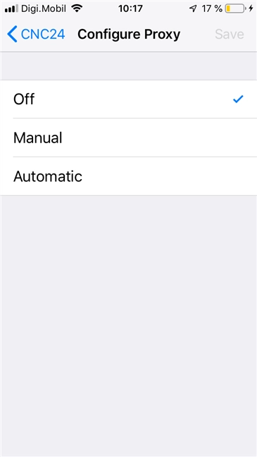 The options available for Configure Proxy on your iPhone