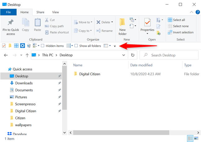 The Quick Access Toolbar in its lower position, under the ribbon