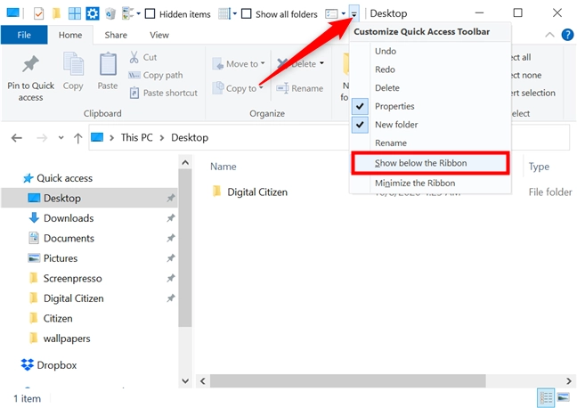 Press Show below the Ribbon from the Customize Quick Access Toolbar menu