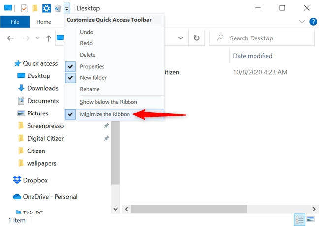 Uncheck the option to return the ribbon to its standard size