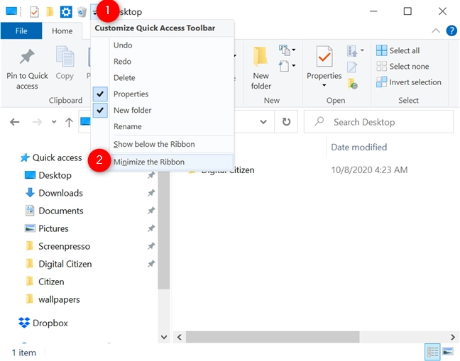 Minimize the Ribbon from the toolbar's menu