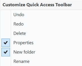 The default commands in the Customize Quick Access Toolbar menu