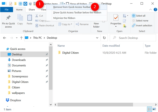Removing a button from the Quick Access Toolbar