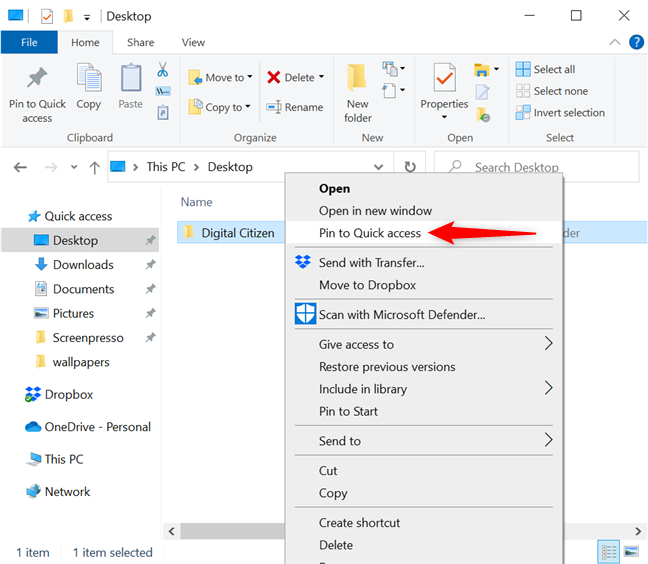 Press Pin to Quick access from the contextual menu
