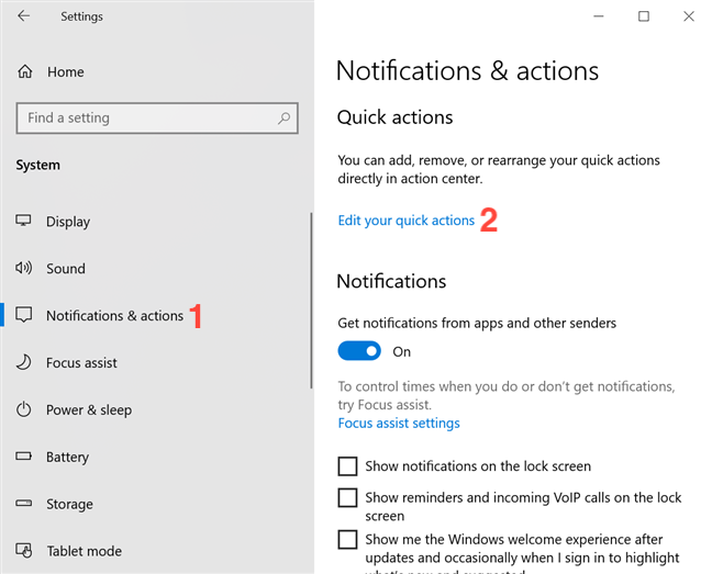 Customize Quick actions from the Notifications &amp; actions tab