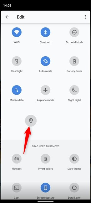 Drag and drop tiles to the top section to add them to the Quick Settings menu