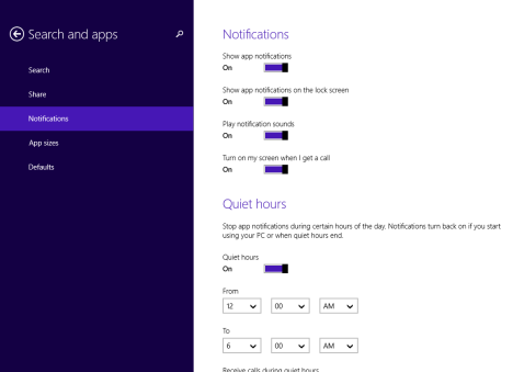 Windows 8.1, quiet hours, time, notifications, calls, turn off