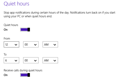 Windows 8.1, quiet hours, time, notifications, calls, turn off