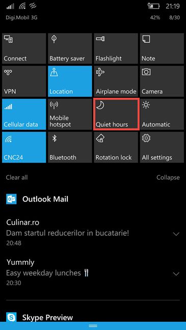 Windows 10 Mobile, Quiet hours, enable, configure, start, stop, notifications