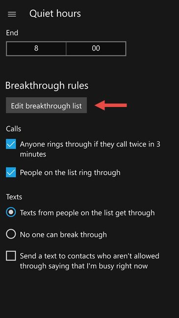 Windows 10 Mobile, Quiet hours, enable, configure, start, stop, notifications