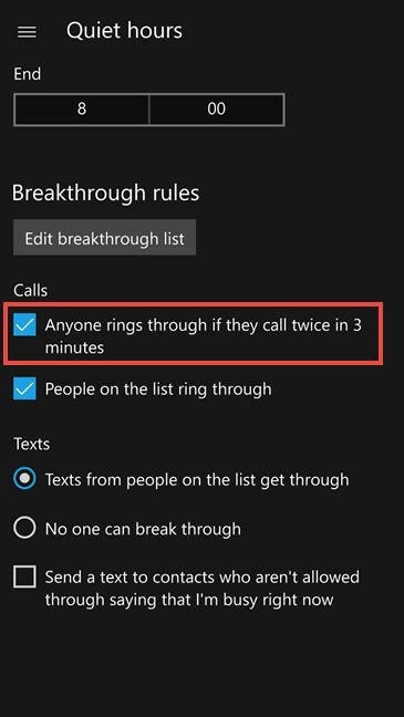 Windows 10 Mobile, Quiet hours, enable, configure, start, stop, notifications