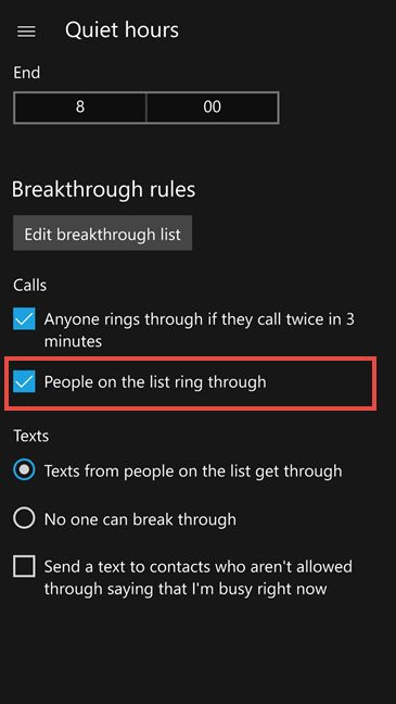 Windows 10 Mobile, Quiet hours, enable, configure, start, stop, notifications