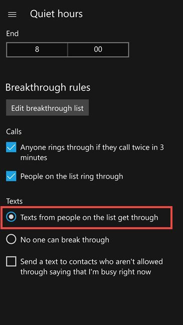 Windows 10 Mobile, Quiet hours, enable, configure, start, stop, notifications