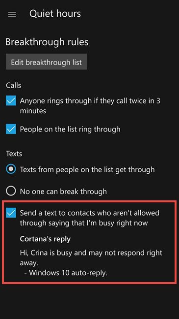 Windows 10 Mobile, Quiet hours, enable, configure, start, stop, notifications