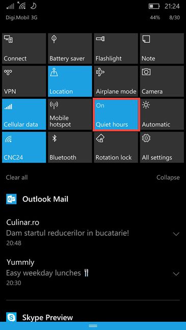 Windows 10 Mobile, Quiet hours, enable, configure, start, stop, notifications