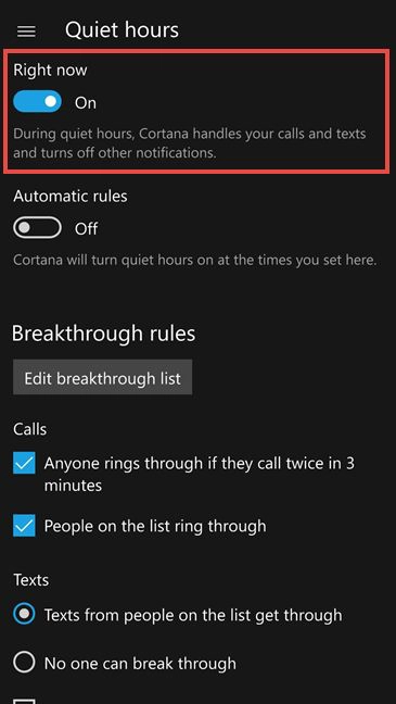 Windows 10 Mobile, Quiet hours, enable, configure, start, stop, notifications